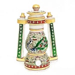 Handicraft Kingdom Marble Lamps for Home Decoration| Decorative Antique Rajasthani Round Table Lantern with Bulb| Meenakari & Kuppi Work Showpiece Items| Approx Size (8 inch) & Wt (1630 gm) Pack of 1